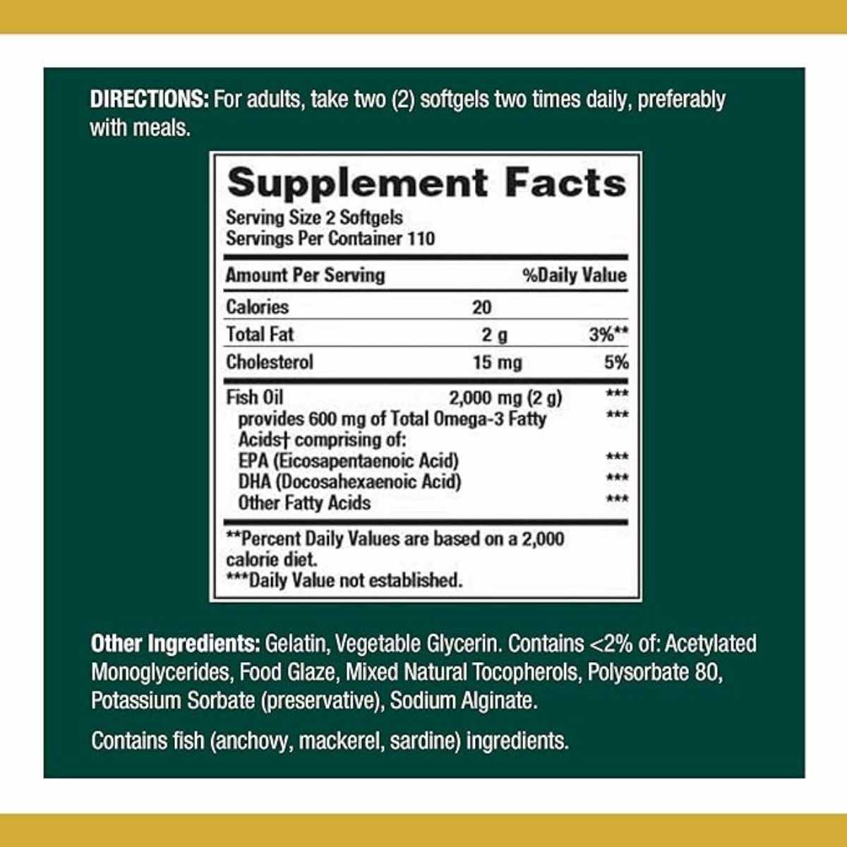 Información del suplemento de Nature's Bounty Fish Oil, presentación de 220 cápsulas blandas