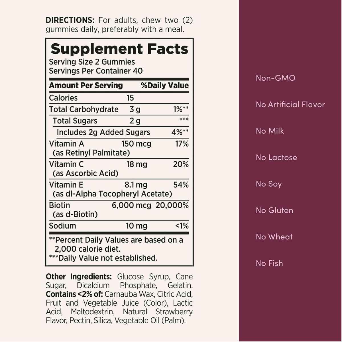 Información del suplemento Nature’s Bounty gomitas de biotina 6000 mcg 80 gomitas