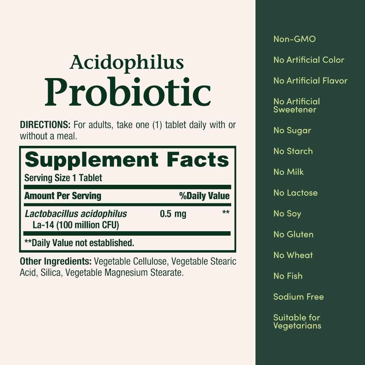 Tabla nutricional del suplemento Nature's Bounty Lactobacillus acidophilus 120 tabletas