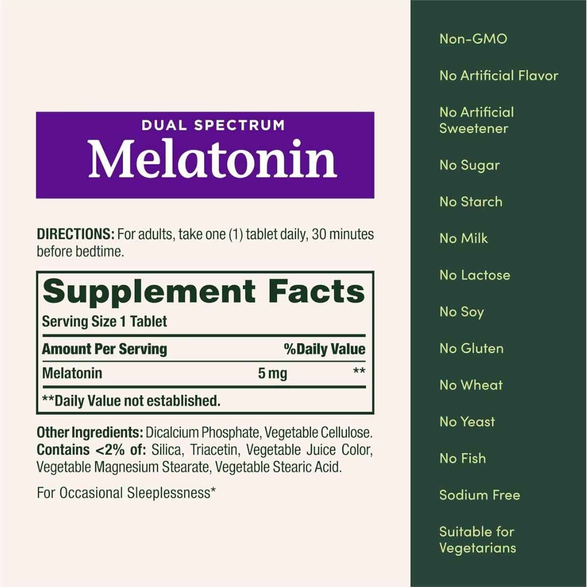 Tabla nutricional del suplemento Nature's Bounty Melatonina 5 mg 60 tabletas