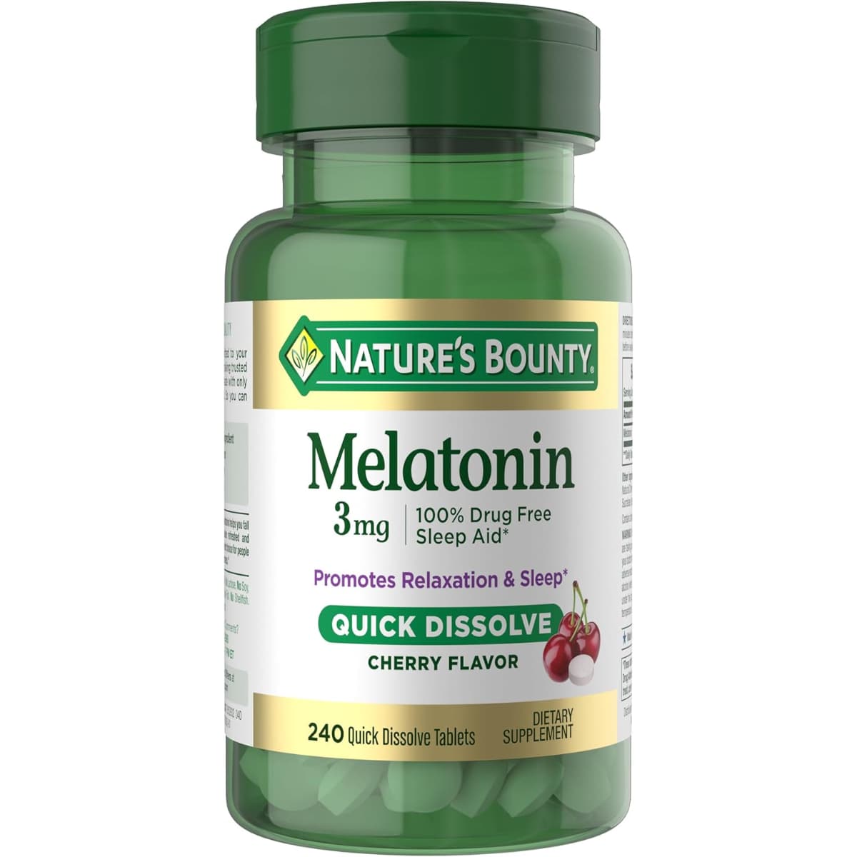 Frasco de suplemento Nature's Bounty Melatonina Cereza 3 mg 240 tabletas