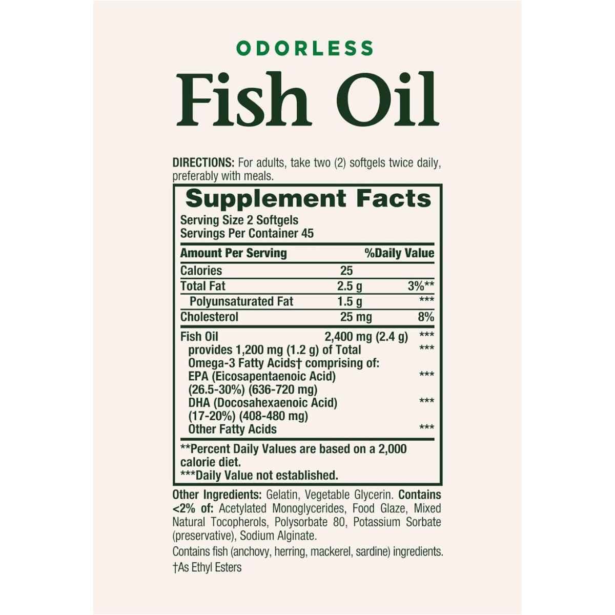 Información del suplemento de NATURE'S BOUNTY Omega 3 con 2400 mg de aceite de pescado y 1200 mg de omega 3 por porción