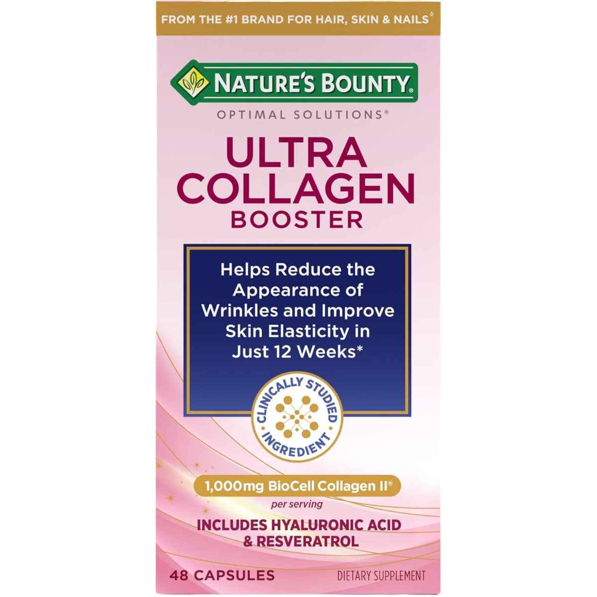 Frasco de suplemento Nature's Bounty Refuerzo de Ultra Colágeno 48 cápsulas