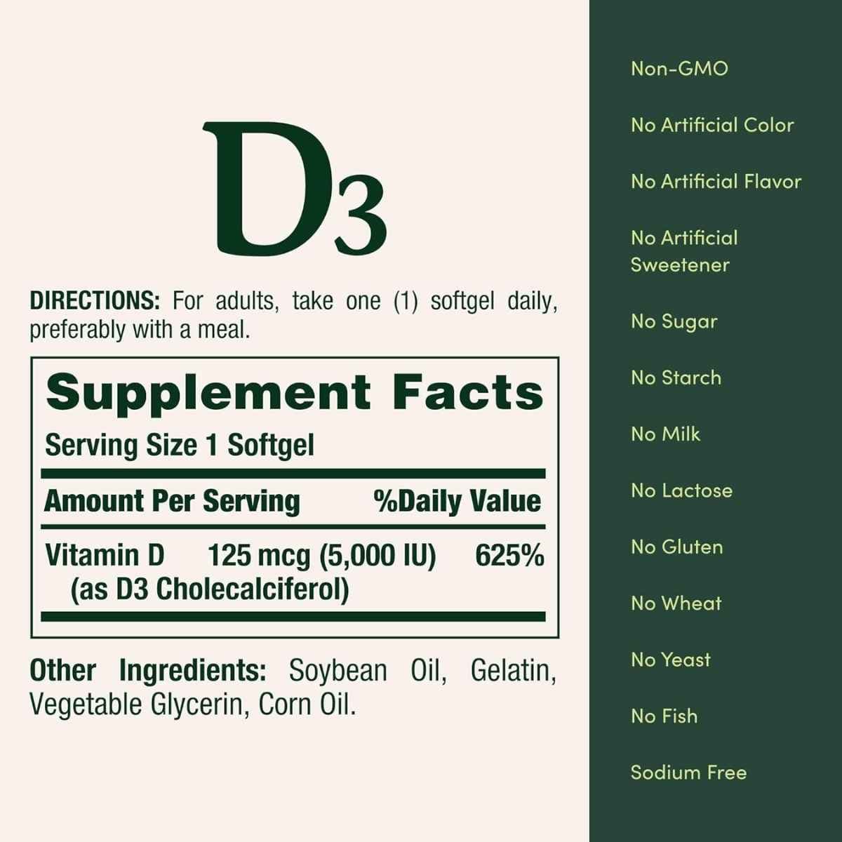 Tabla nutricional del suplemento Nature's Bounty Vitamina D3 5000 UI