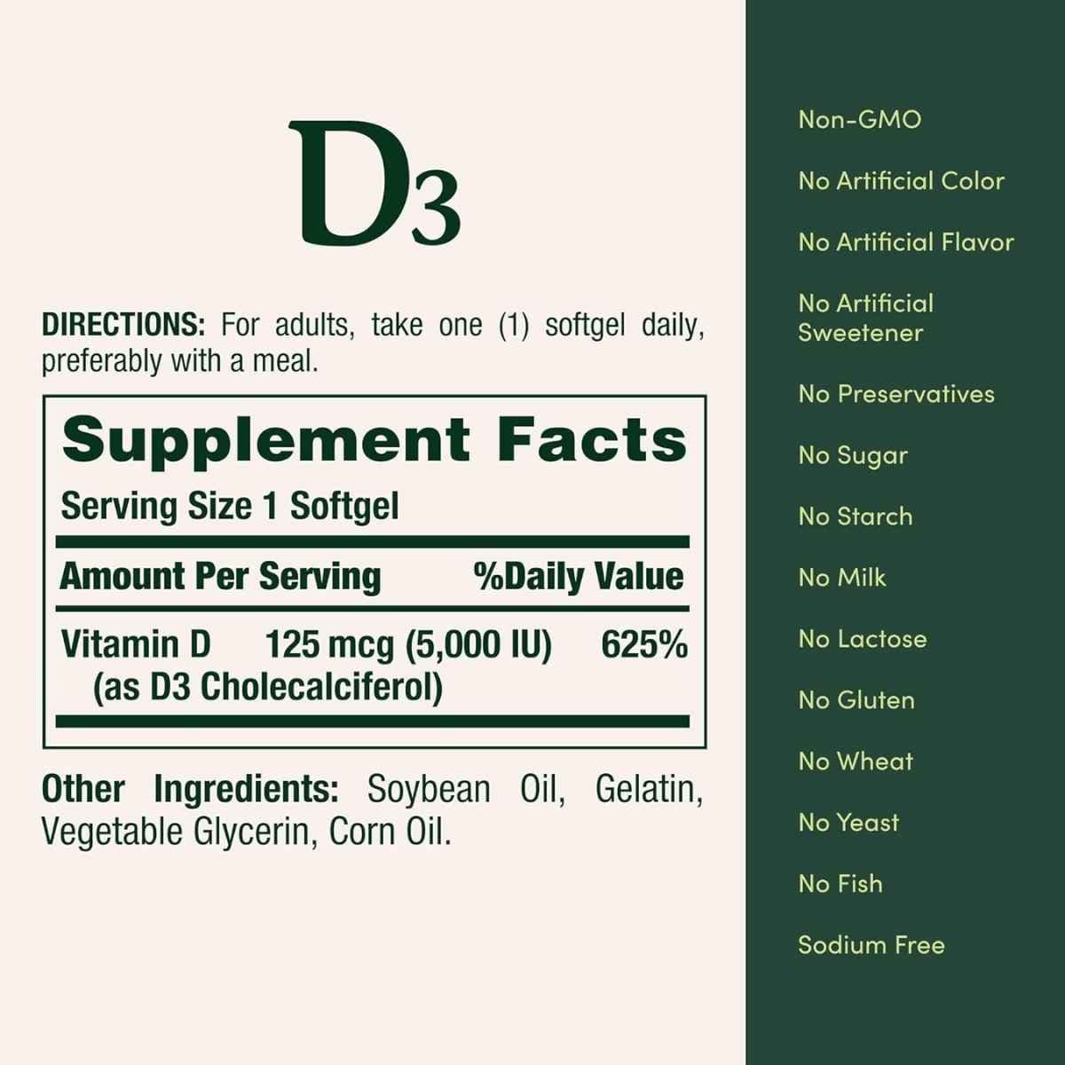 Tabla nutricional del suplemento Nature's Bounty Vitamina D3 5000 UI