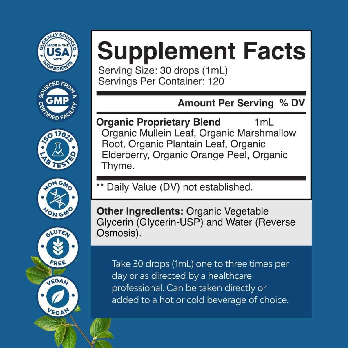 Tabla nutricional del suplemento Nature's Craft Gotas de Hoja de Gordolobo Orgánico 120 mL