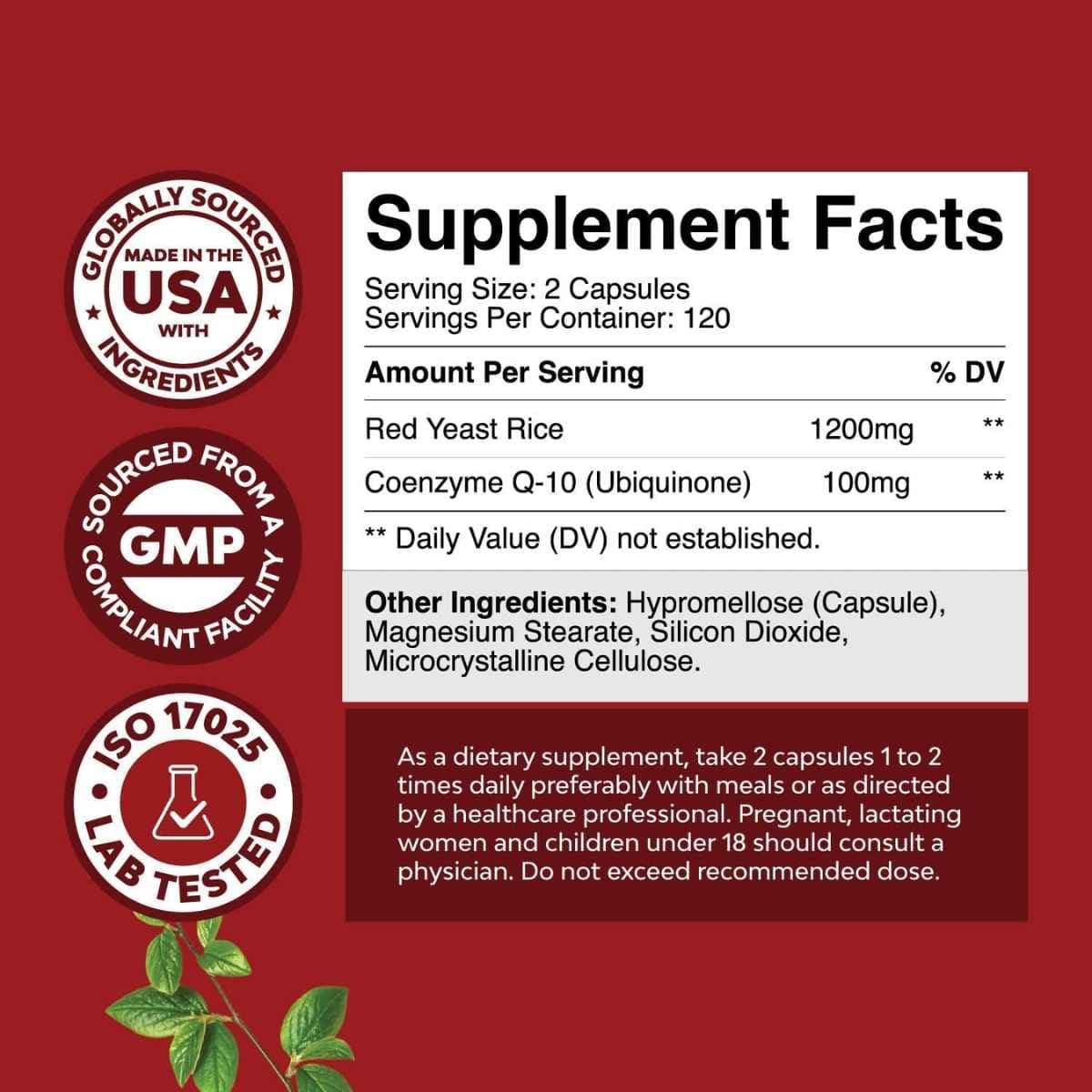 Tabla nutricional del suplemento Nature's Craft Levadura Roja de Arroz con CoQ10 1200 mg 240 cápsulas
