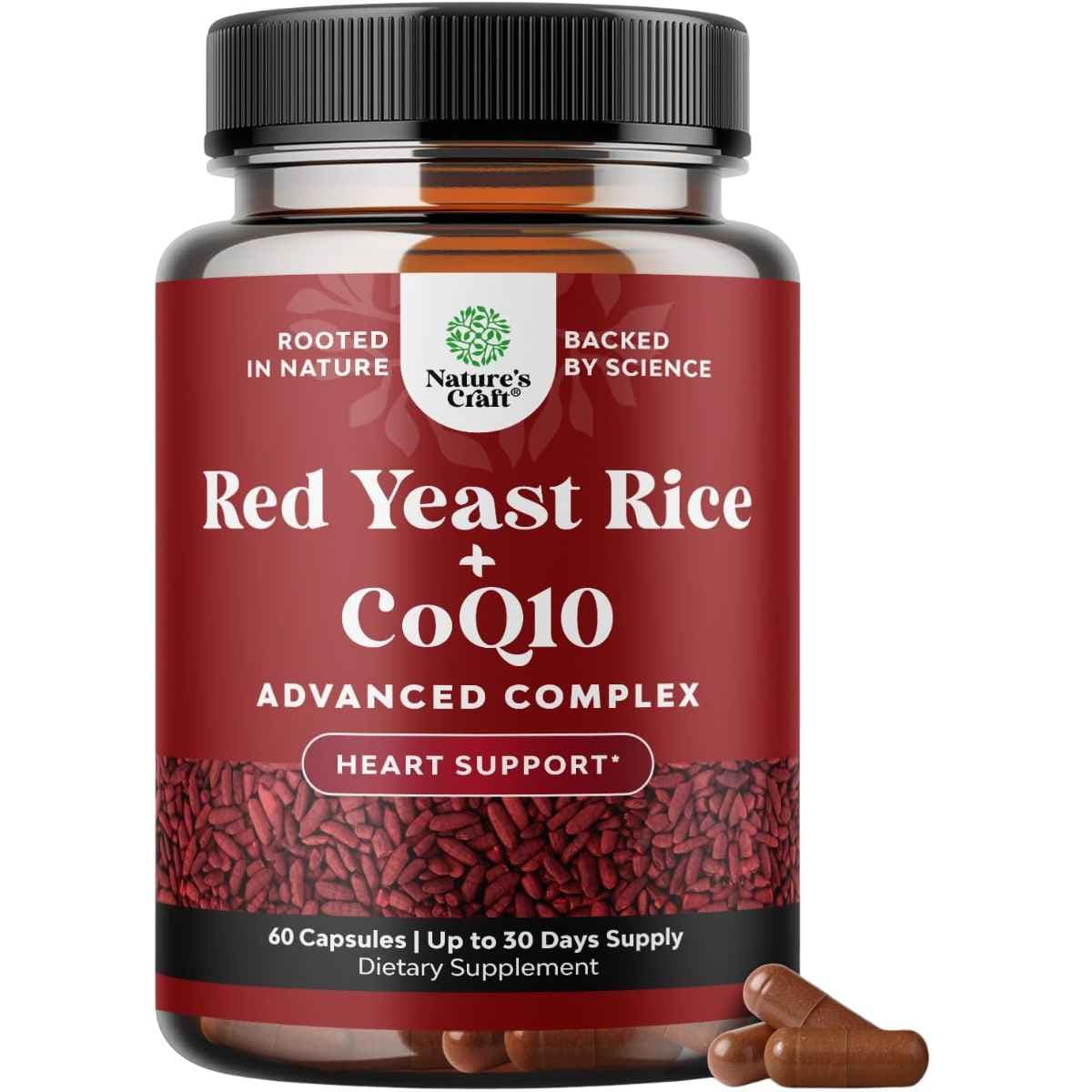 Frasco de suplemento Nature's Craft Levadura Roja de Arroz con CoQ10 1200 mg 60 cápsulas