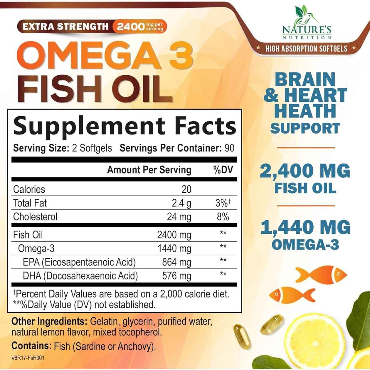 Tabla nutricional del suplemento Nature's Nutrition Aceite de Pescado Omega 3 Sabor Limón 1440 mg Omega-3 180 cápsulas blandas