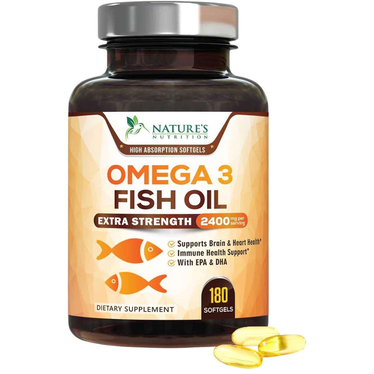 Frasco de suplemento Nature's Nutrition Aceite de Pescado Omega 3 Sabor Limón 1440 mg Omega-3 180 cápsulas blandas