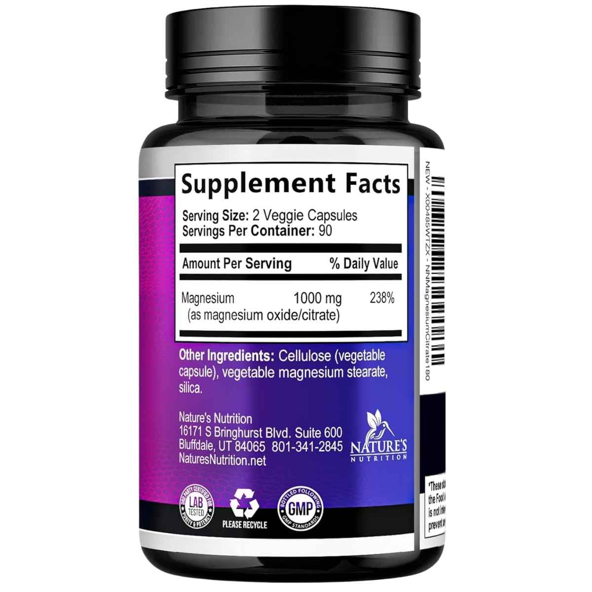 Tabla nutricional del citrato de magnesio Nature’s Nutrition con 140 mg de magnesio por porción