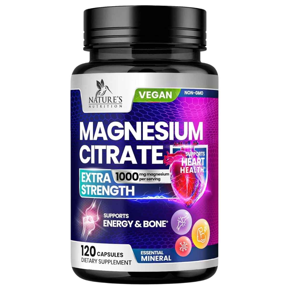 Frasco de citrato de magnesio Nature’s Nutrition Extra Strength con 120 cápsulas