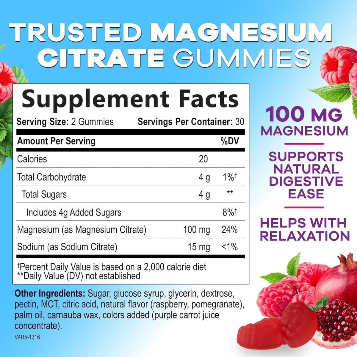 Tabla nutricional del suplemento Nature's Nutrition Citrato de Magnesio Sabor Frambuesa 100 mg 60 gomitas