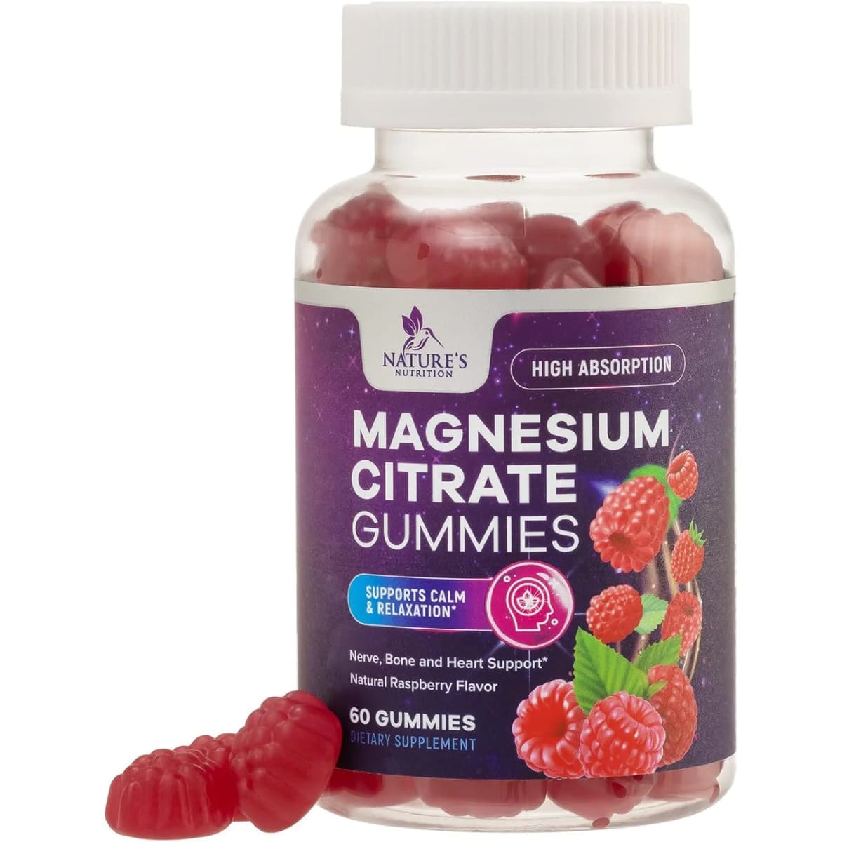 Frasco de suplemento Nature's Nutrition Citrato de Magnesio Sabor Frambuesa 100 mg 60 gomitas