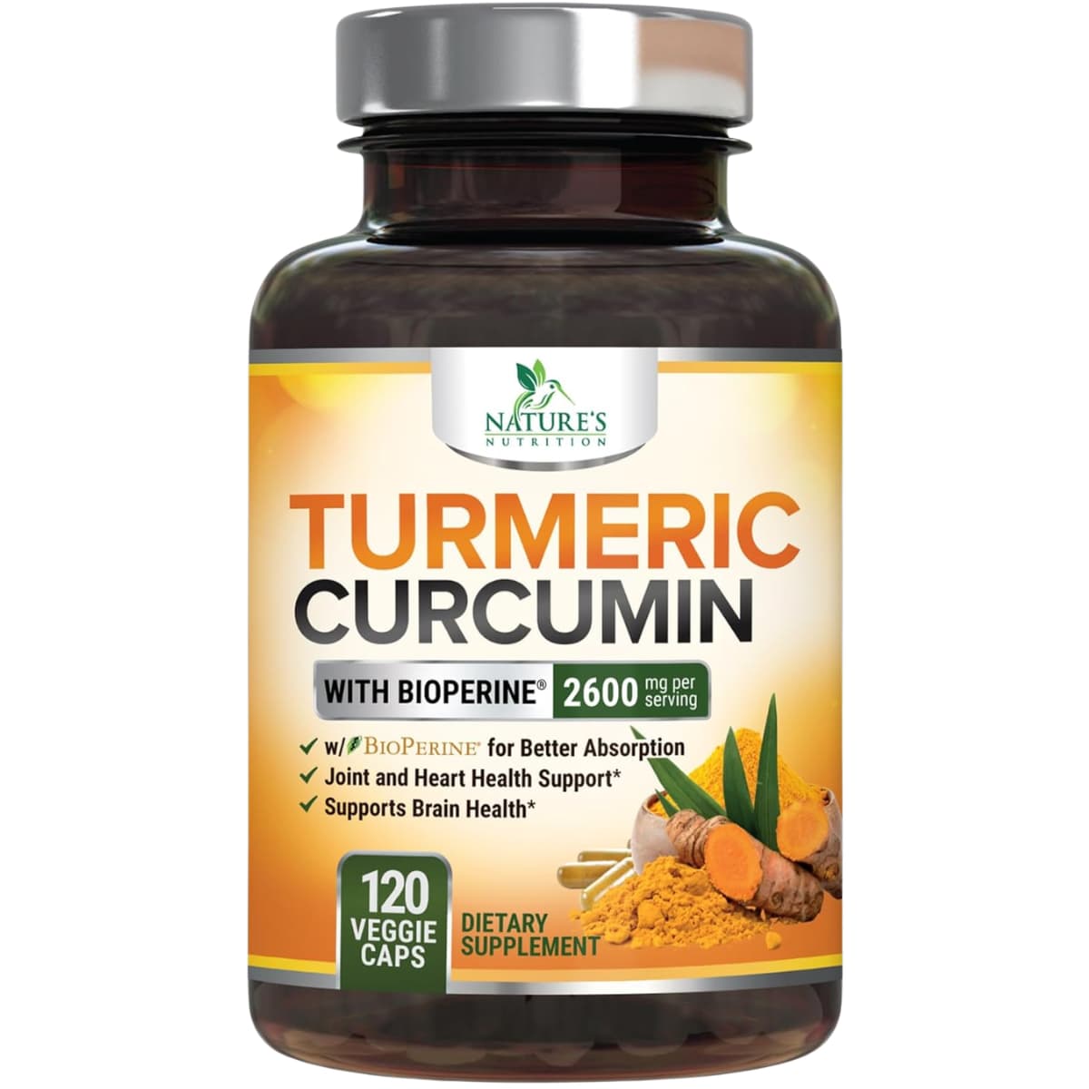 Frasco de Nature’s Nutrition cúrcuma y curcumina 2600 mg con pimienta negra, 120 cápsulas vegetales