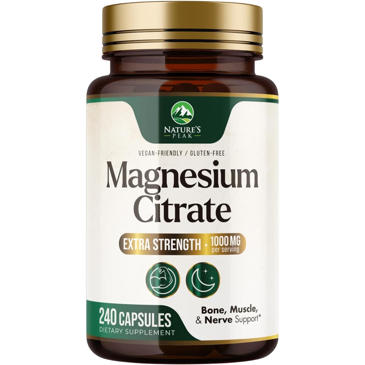 Frasco de suplemento Nature's Peak Citrato de Magnesio 1000 mg 240 cápsulas vegetales