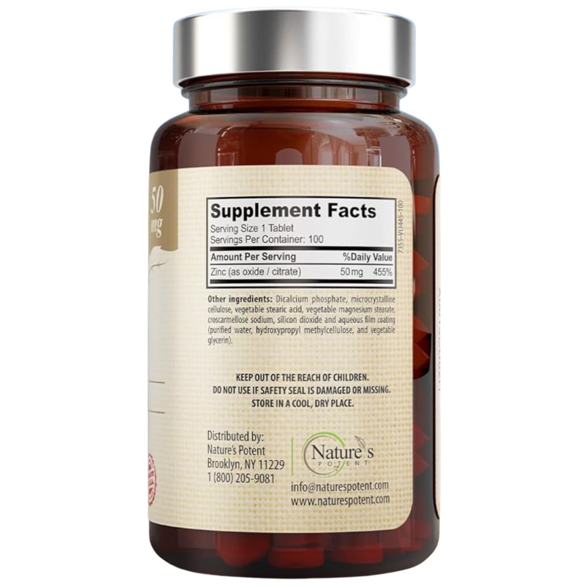 Etiqueta de Nature’s Potent Zinc 50 mg de 100 tabletas con información del suplemento