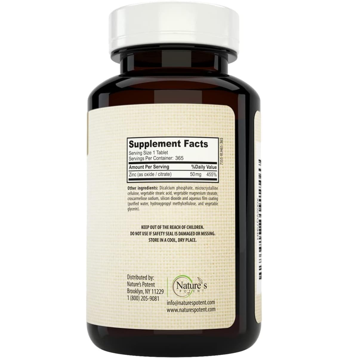 Etiqueta de Nature’s Potent Zinc 50 mg de 365 tabletas con información del suplemento