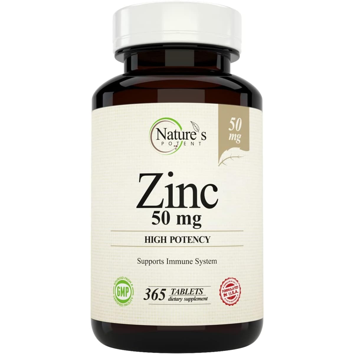 Frasco de Nature’s Potent Zinc 50 mg en presentación de 365 tabletas