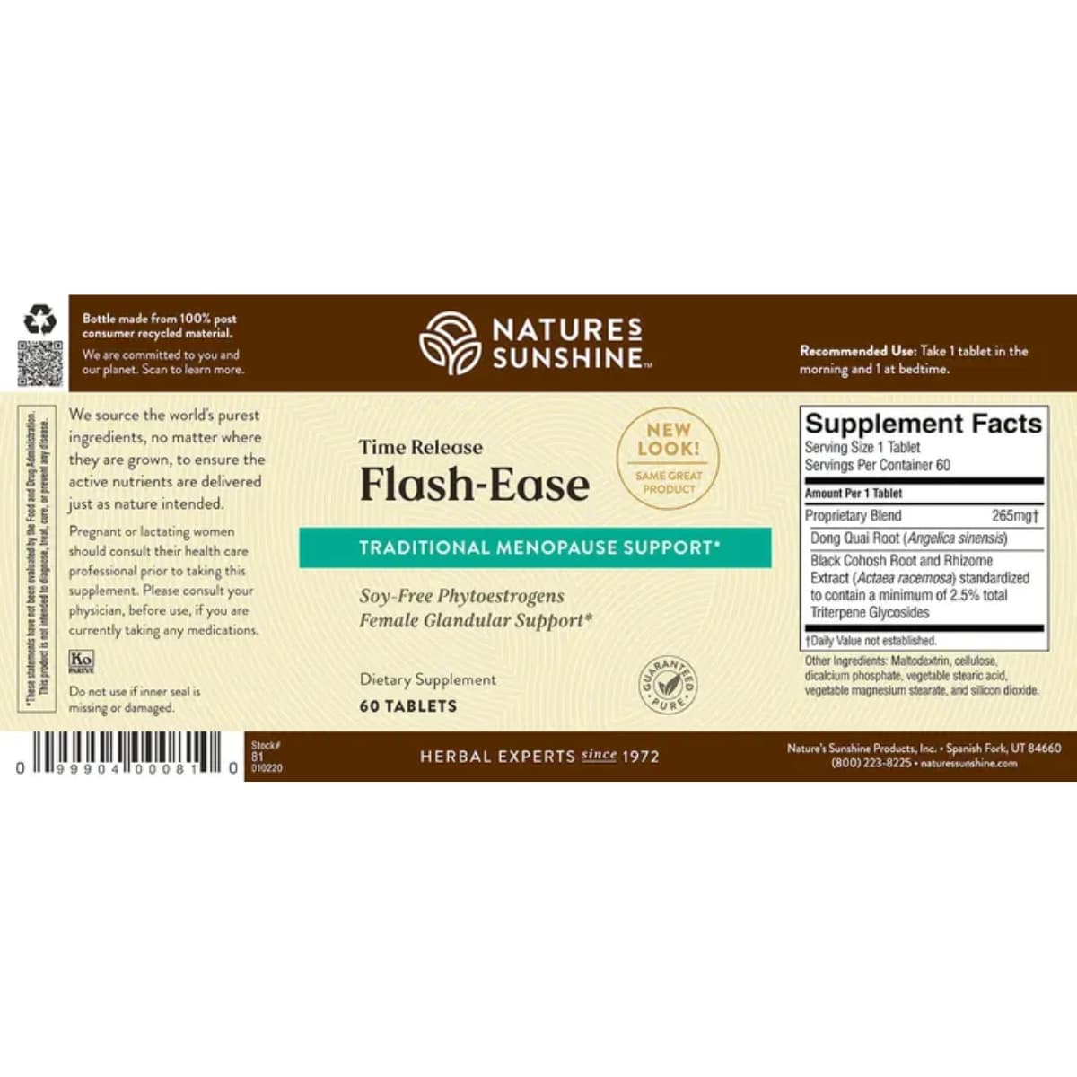 Información del suplemento de Nature's Sunshine Flash-Ease 60 tabletas con mezcla patentada de 265 mg por tableta.