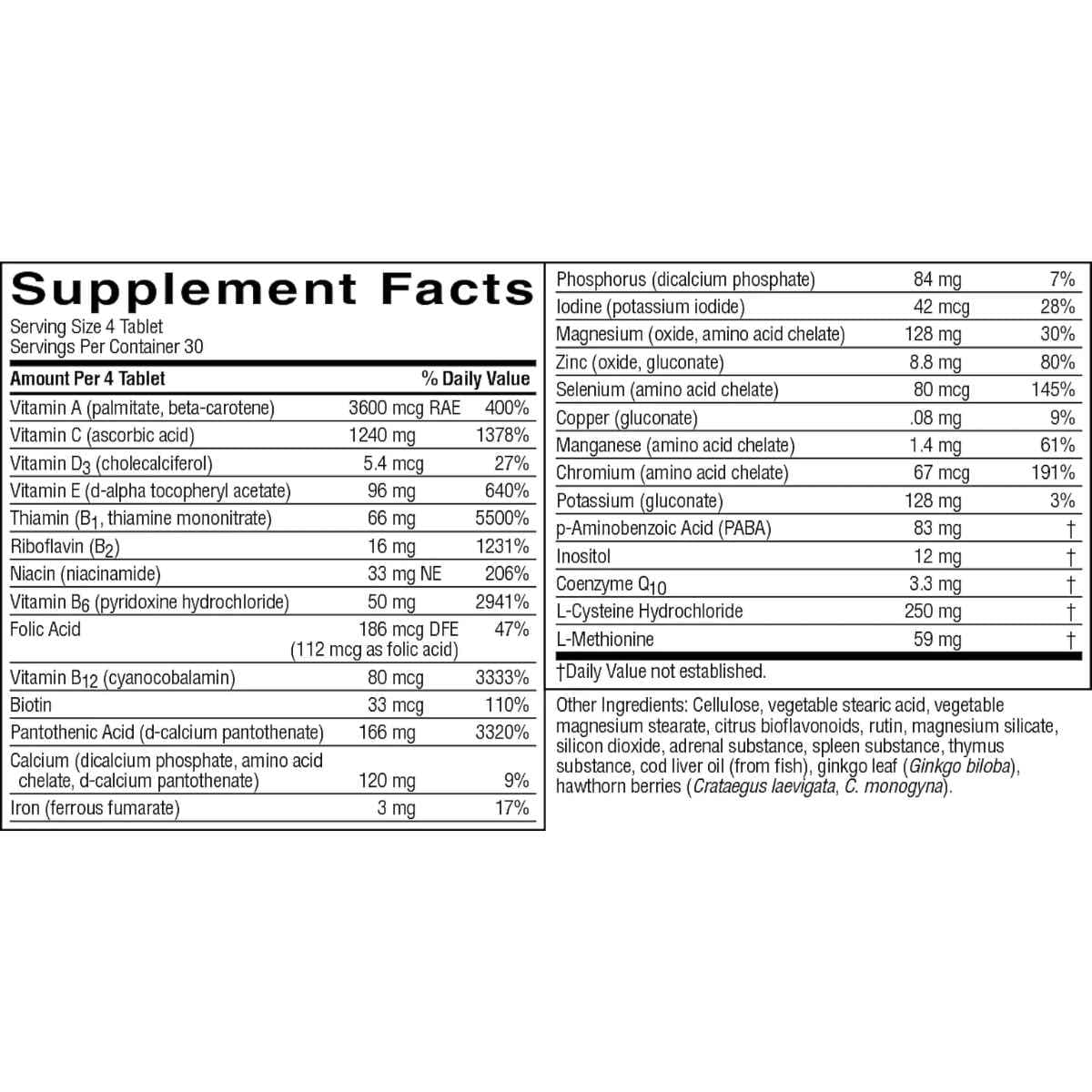 Tabla nutricional del suplemento Nature's Sunshine Mega Chel Fórmula Circulatoria 120 tabletas