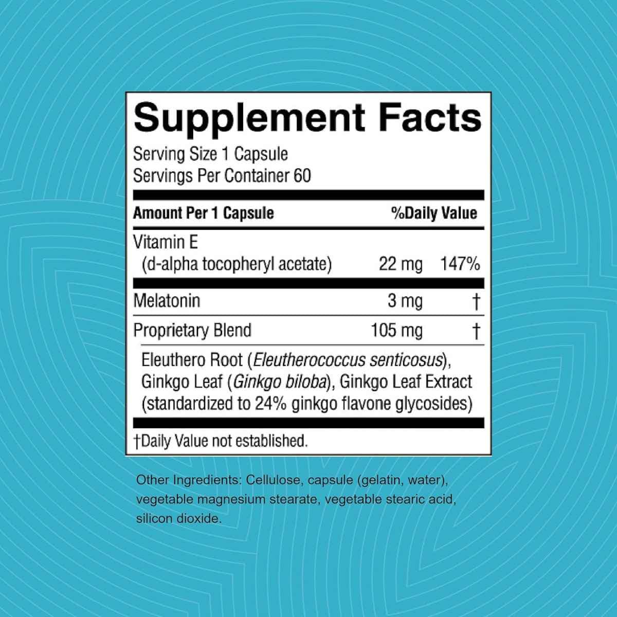 Tabla nutricional del suplemento Nature's Sunshine Melatonina Extra 60 cápsulas