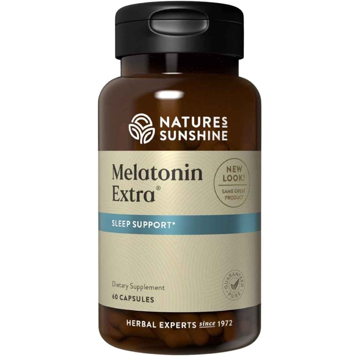 Frasco de suplemento Nature's Sunshine Melatonina Extra 60 cápsulas