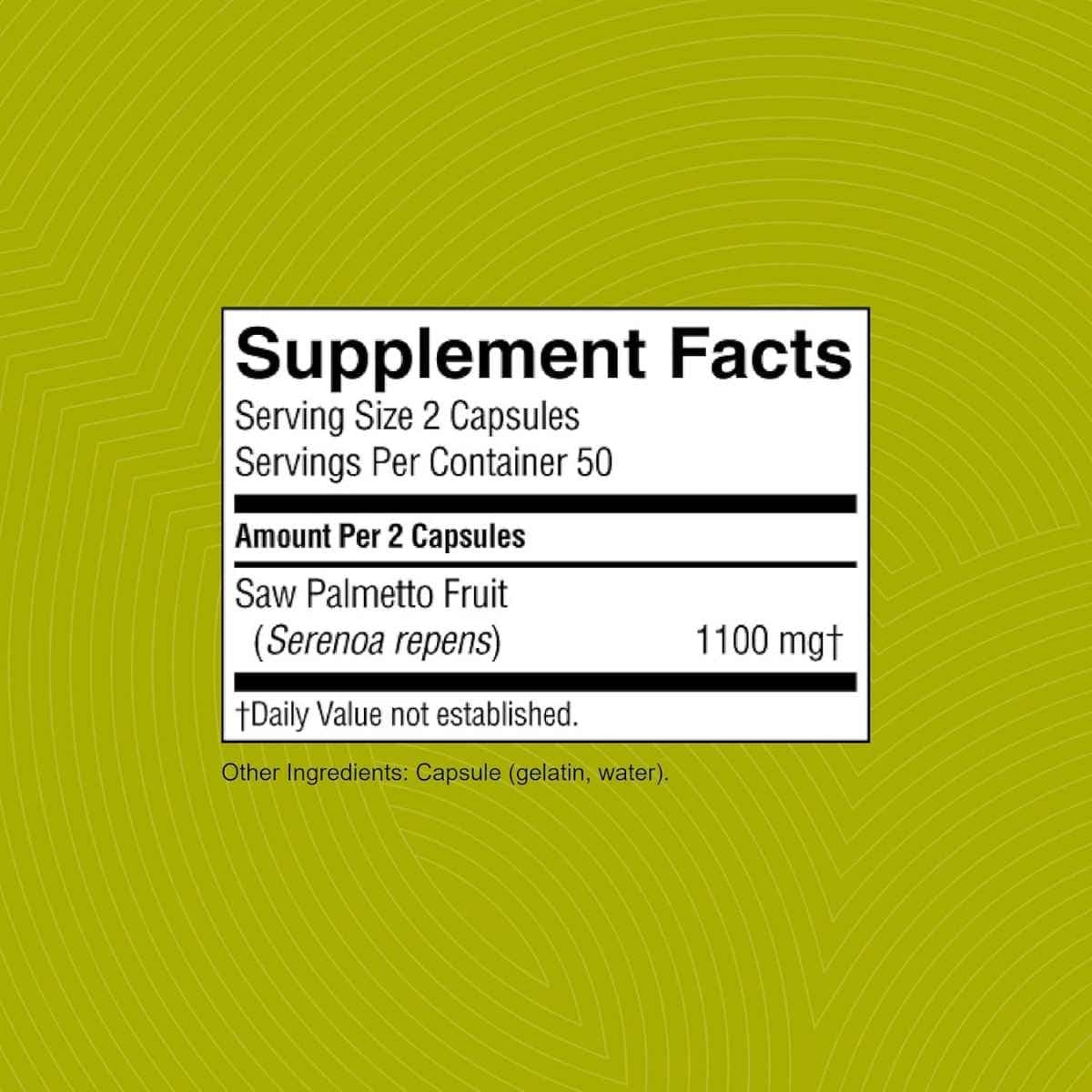 Tabla nutricional del suplemento Nature's Sunshine Saw Palmetto 100 cápsulas