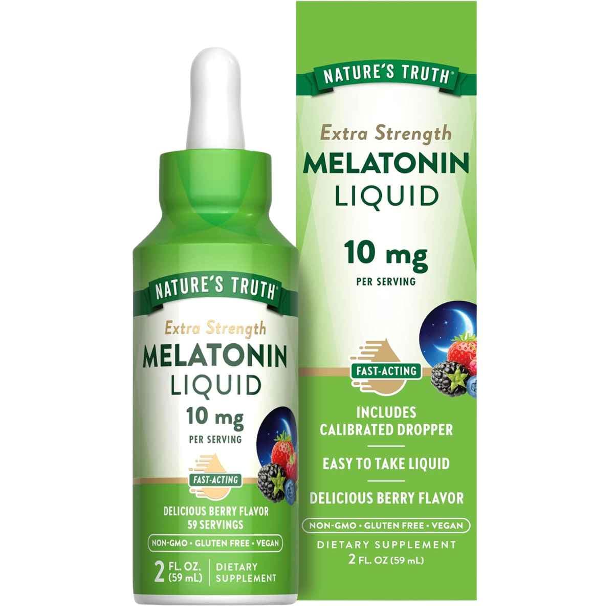 Frasco de suplemento Nature's Truth Melatonina Líquida Sabor Baya 10 mg 59 ml
