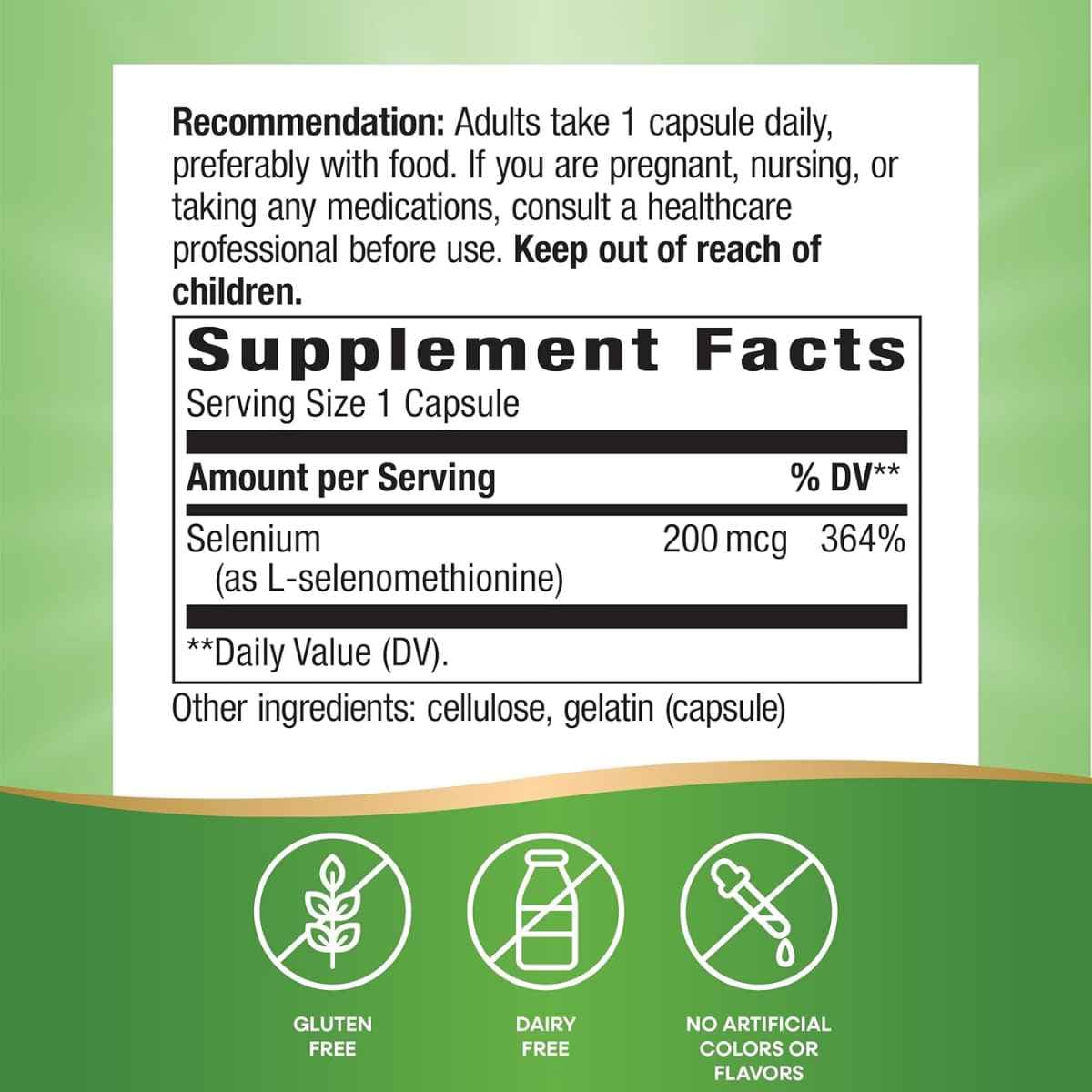 Tabla nutricional del suplemento Nature's Way Selenio (como L-Selenometionina) 200 mcg - 100 Cápsulas
