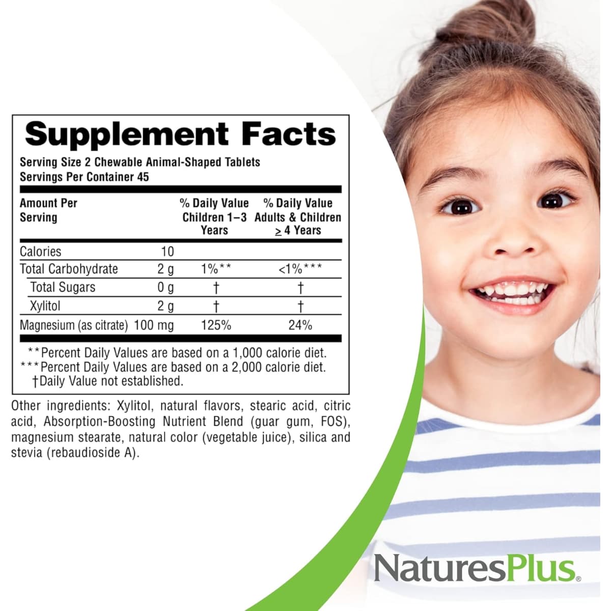 Tabla nutricional del suplemento NaturesPlus Animal Parade MagKidz Citrato de Magnesio Cereza 90 Tabletas Masticables