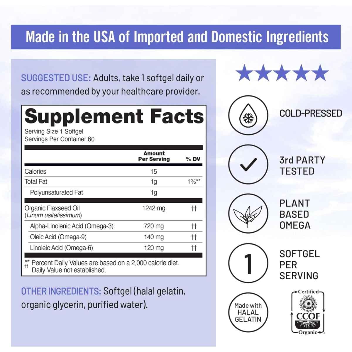 Etiqueta de suplemento de NatureWise Aceite de Linaza 1242 mg con información de porción e ingredientes