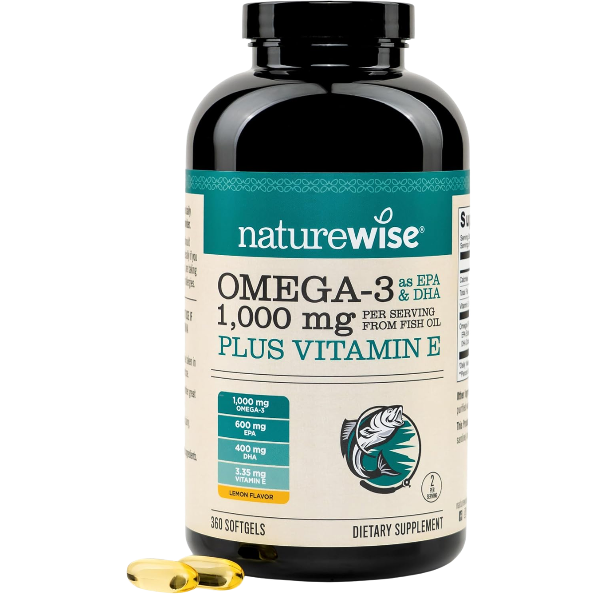 Frasco frontal de NatureWise Omega 3 con vitamina E, 1000 mg por porción, 360 cápsulas blandas.