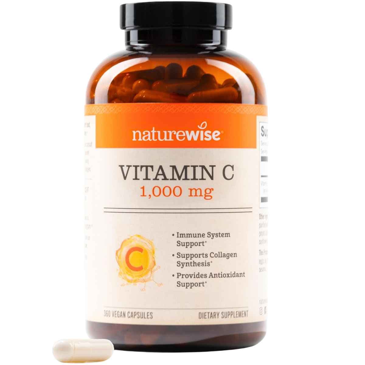 Frasco de NatureWise vitamina C 1000 mg en presentación de 360 cápsulas veganas.