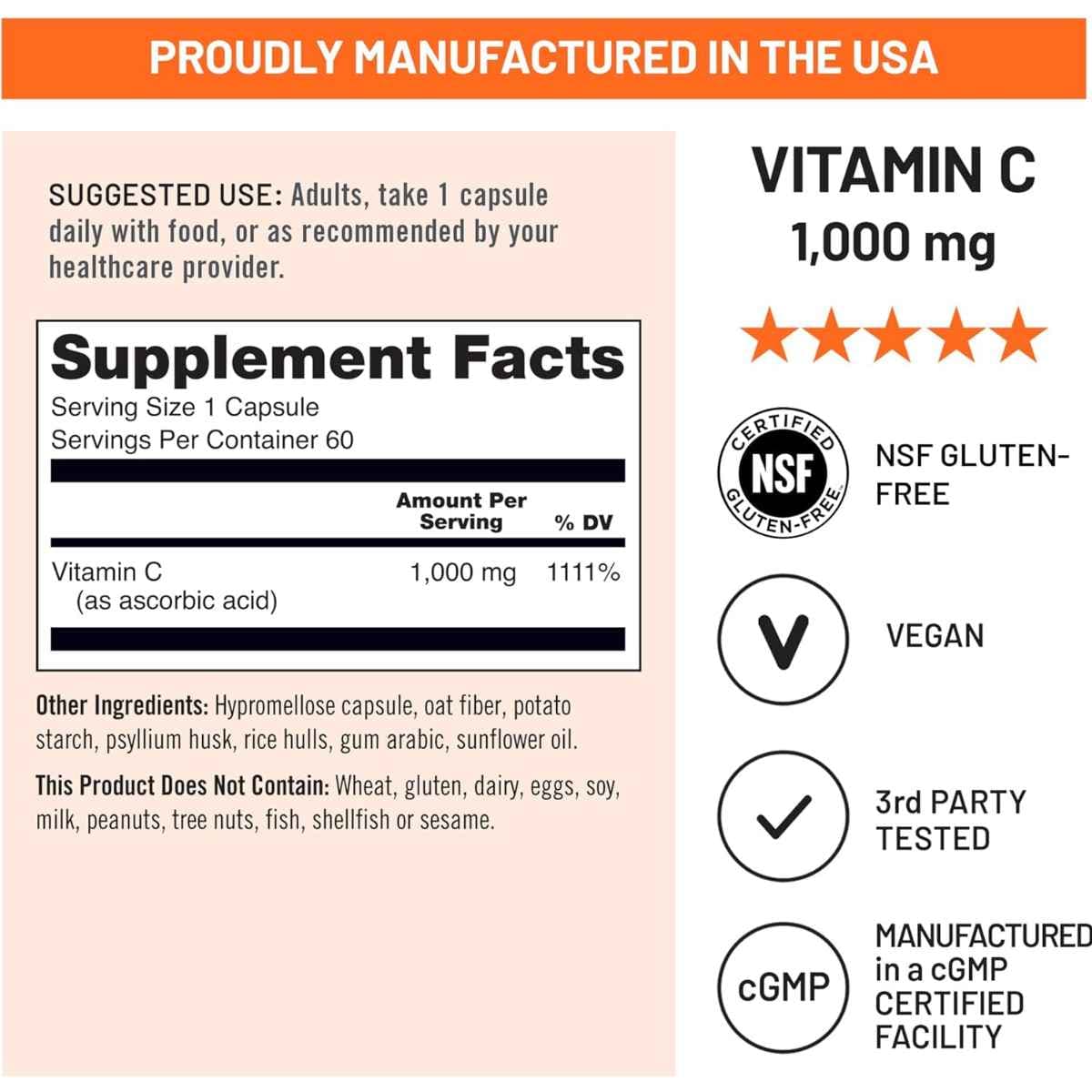 Información del suplemento de NatureWise vitamina C 1000 mg para la presentación de 60 cápsulas.