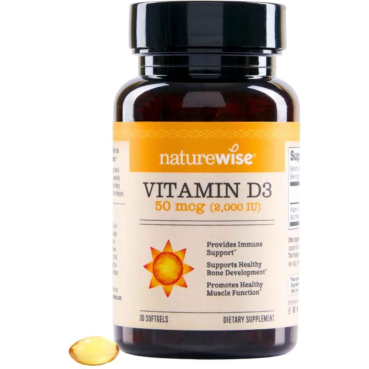 Frasco de suplemento NatureWise Vitamina D3 2000 IU 30 cápsulas blandas