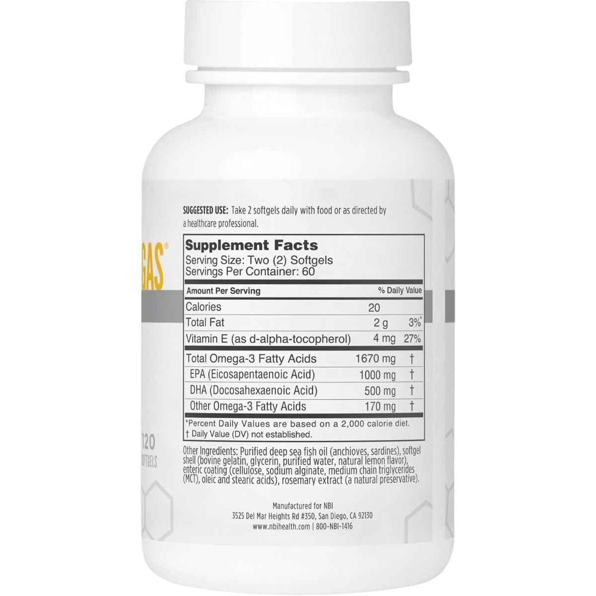 Información del suplemento de NBI Best Catch Omegas con cantidades de EPA, DHA y otros ácidos grasos omega 3