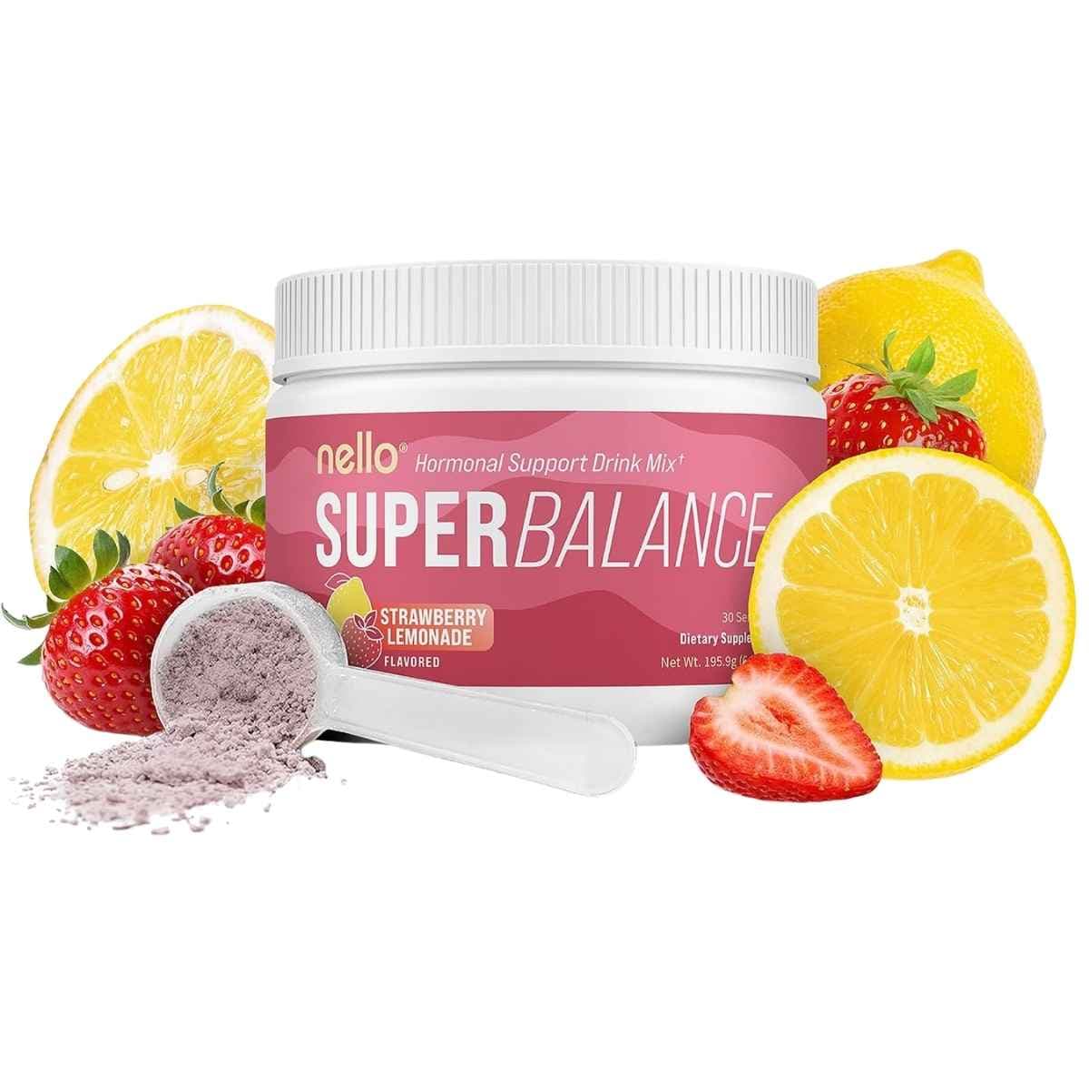 Envase frontal de Nello Super Balance en polvo, 30 porciones, sabor limonada de fresa.