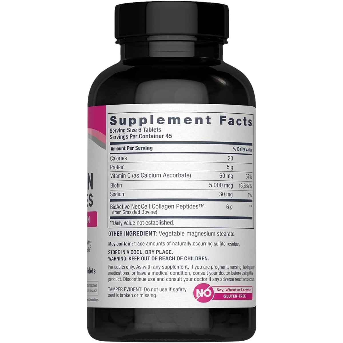 Tabla nutricional del suplemento NeoCell Colágeno Hidrolizado con Vitamina C y Biotina 6000 mg 270 tabletas