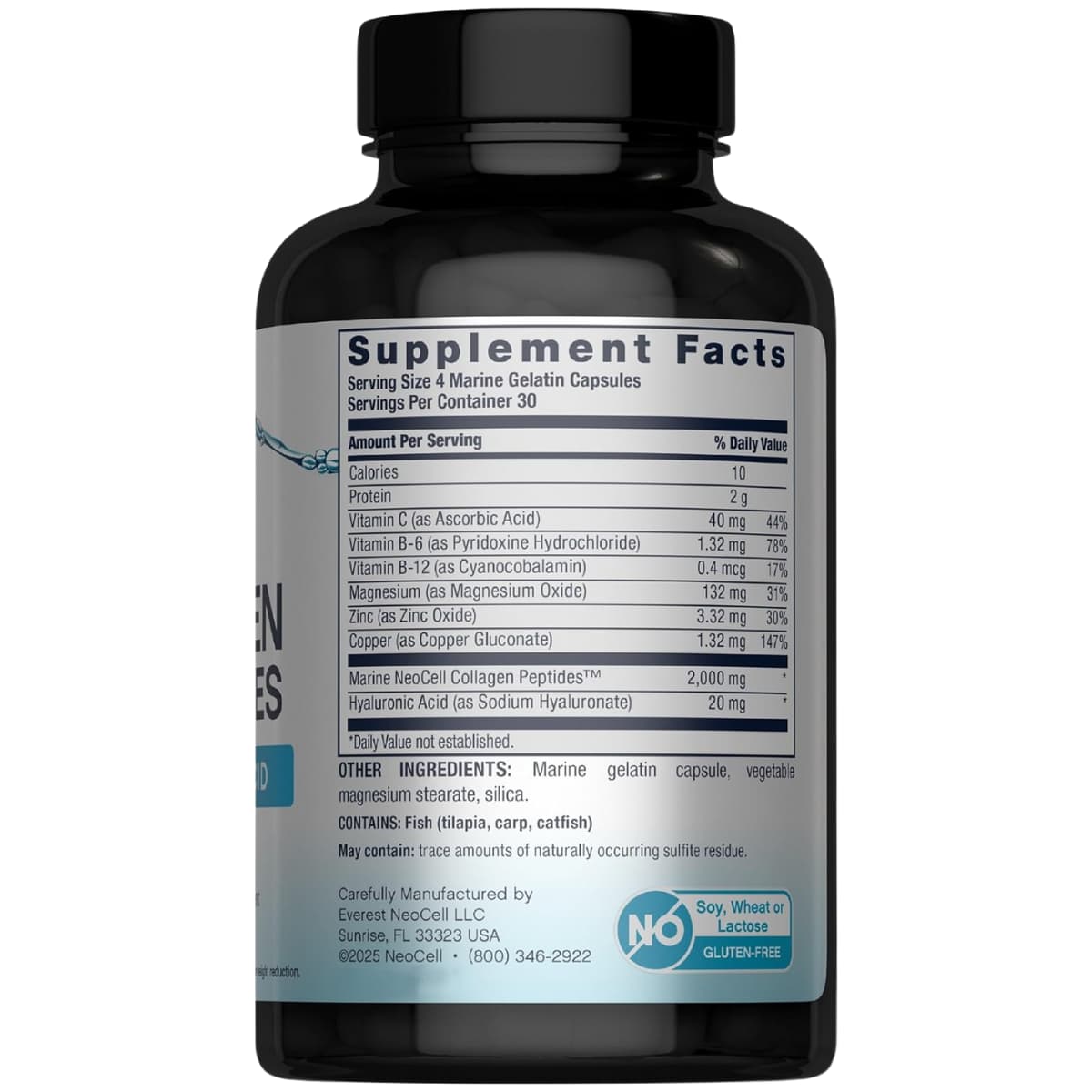Tabla nutricional del suplemento NeoCell Colágeno Marino con Ácido Hialurónico 120 cápsulas