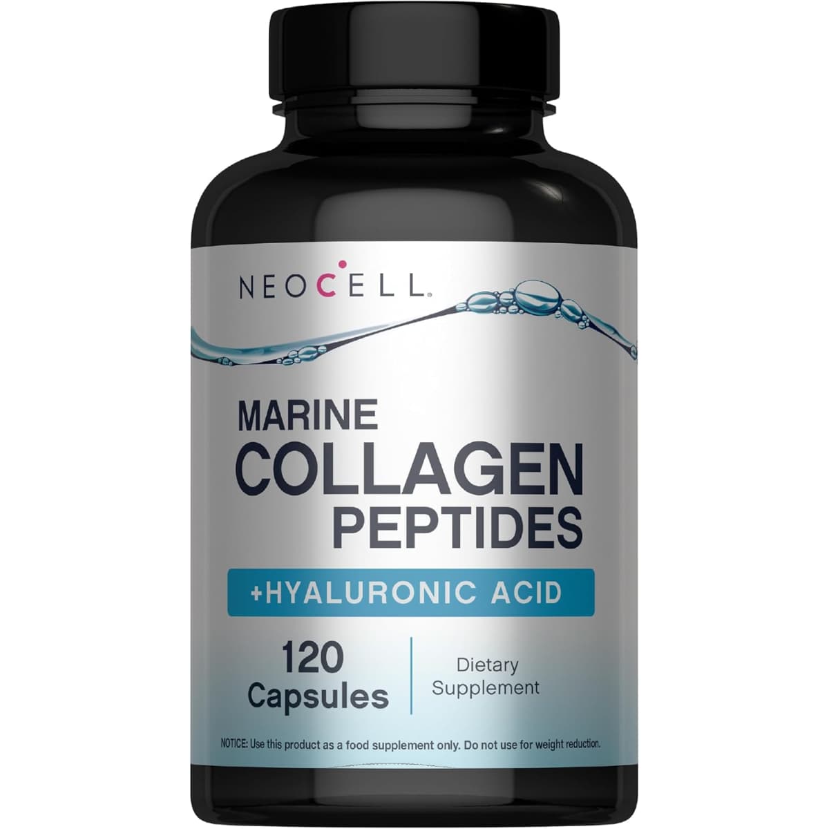 Frasco de suplemento NeoCell Colágeno Marino con Ácido Hialurónico 120 cápsulas