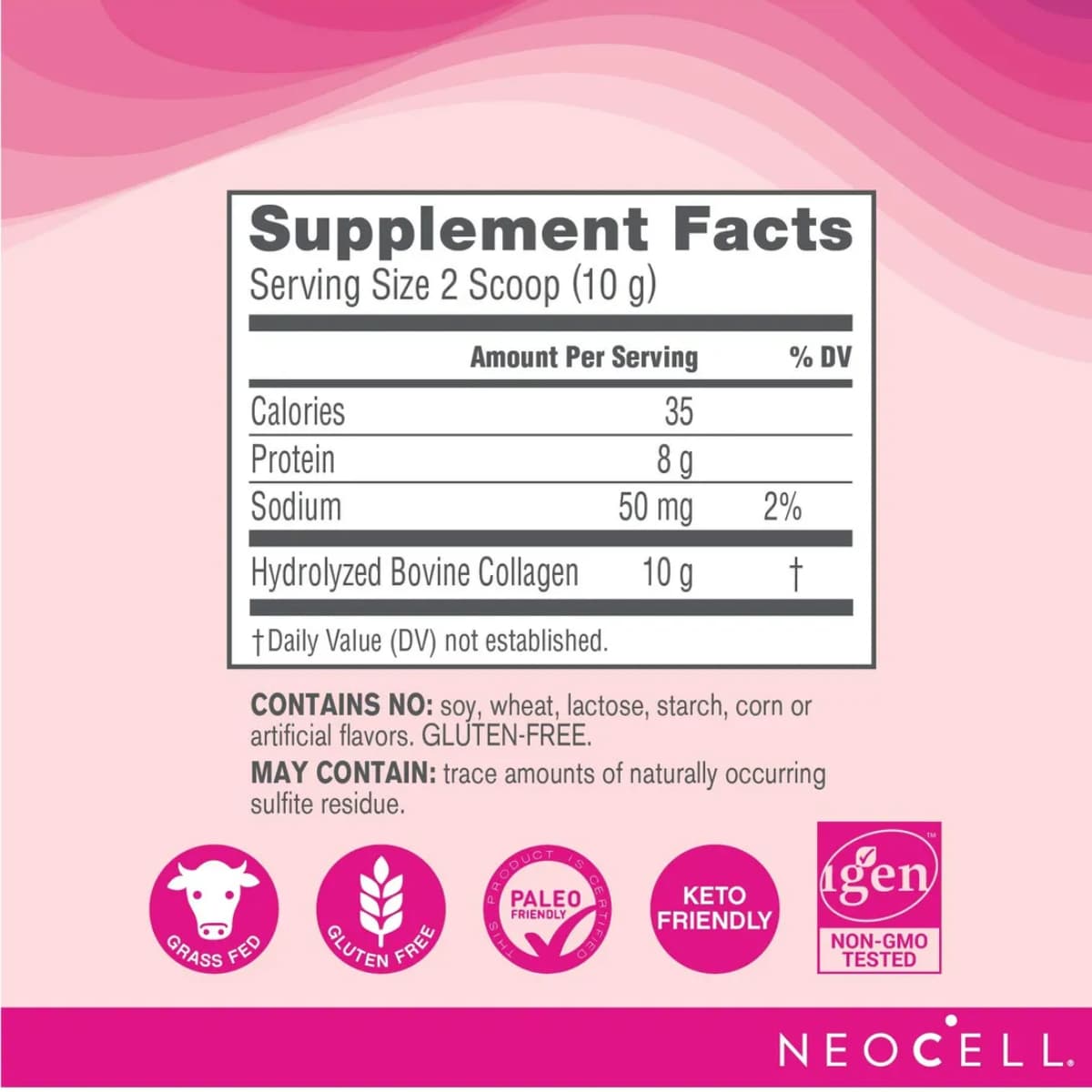 Tabla nutricional de NeoCell péptidos de colágeno bovino en polvo sin sabor de 600 g