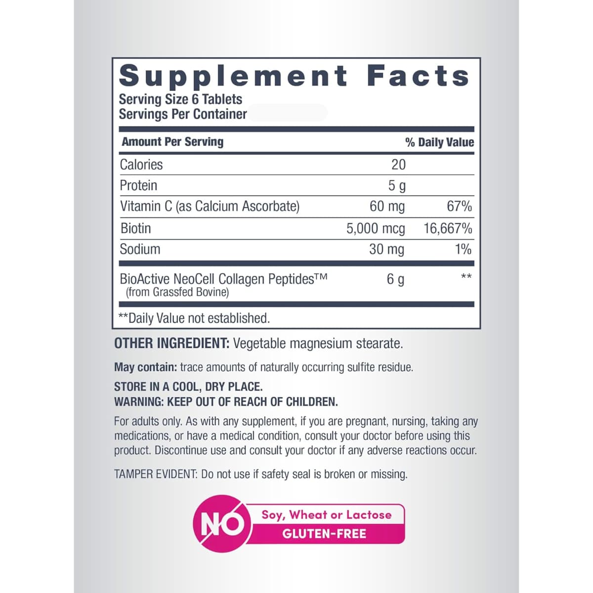 Tabla nutricional del suplemento NeoCell Super Collagen + Vitamina C y Biotina 360 Tabletas