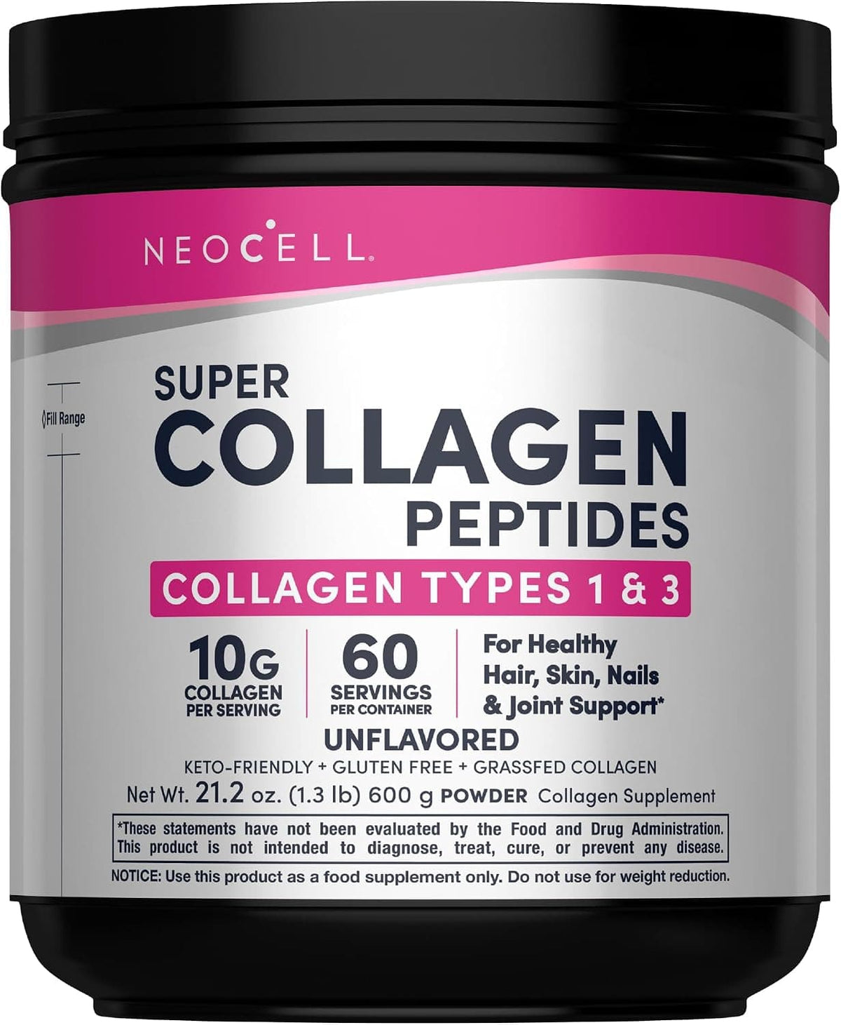 Frasco de NeoCell Super Collagen Peptides sin sabor de 600 g