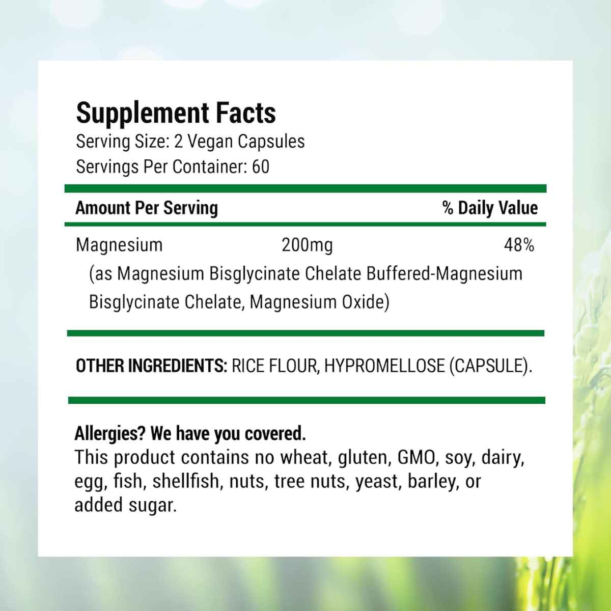 Tabla nutricional del glicinato de magnesio quelado Nested Naturals con información de porción e ingredientes