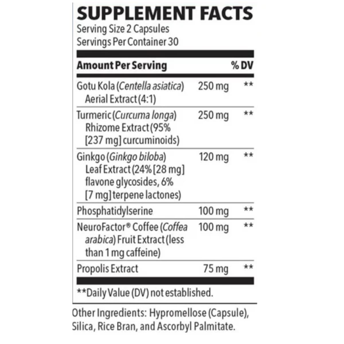 Tabla nutricional del suplemento NeuroQ Memory & Focus 60 Cápsulas Vegetales