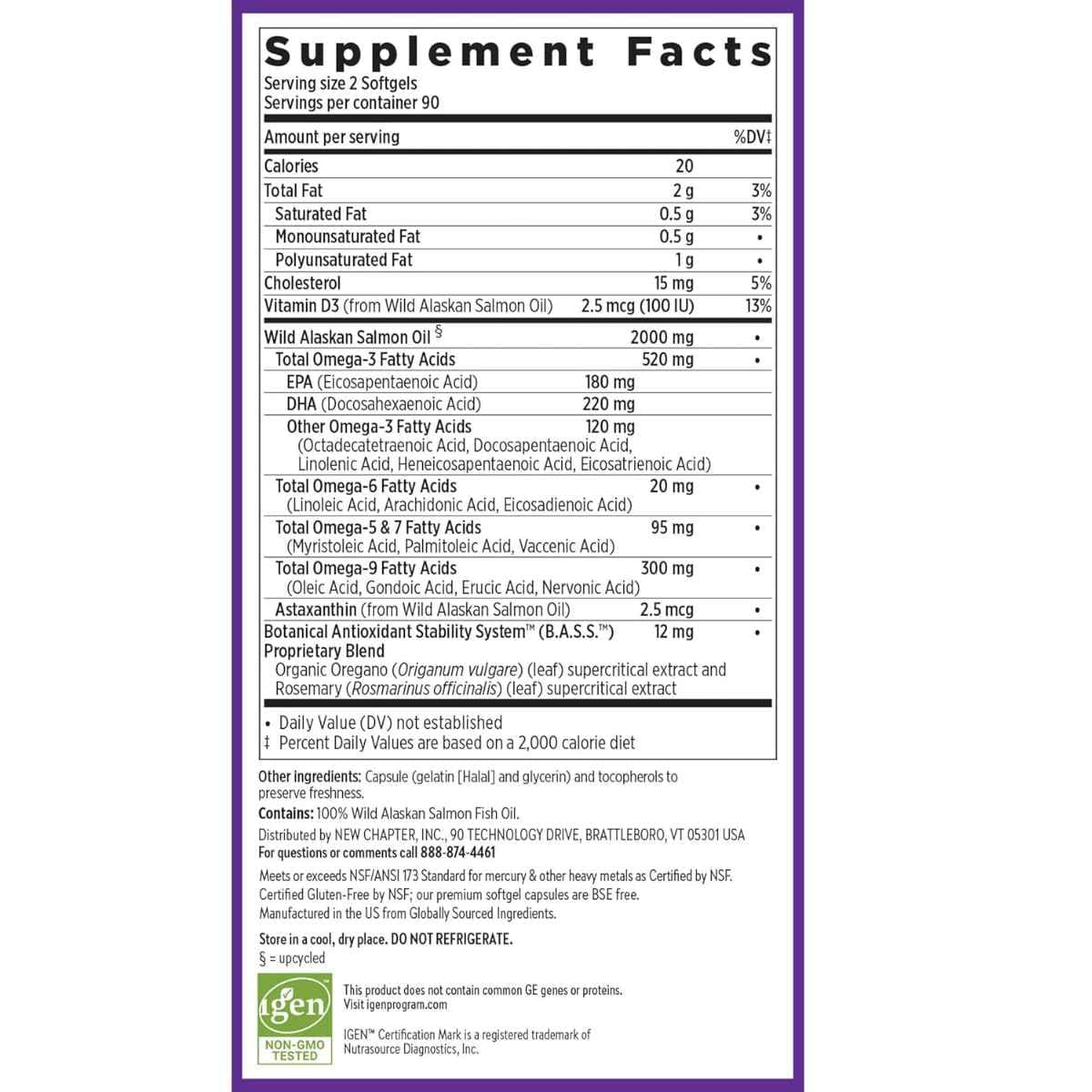 Información del suplemento de New Chapter Wholemega aceite de salmón para 180 cápsulas blandas.