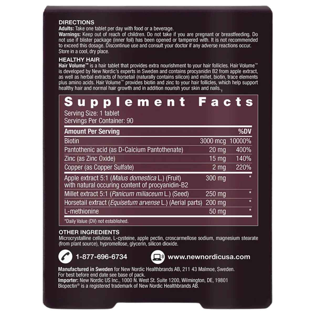Tabla nutricional del suplemento New Nordic Hair Volume 90 tabletas