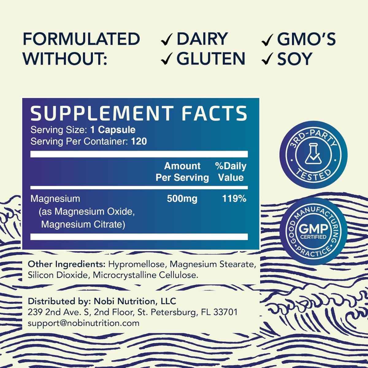 Información del suplemento de Nobi Nutrition complejo de citrato de magnesio, 120 cápsulas