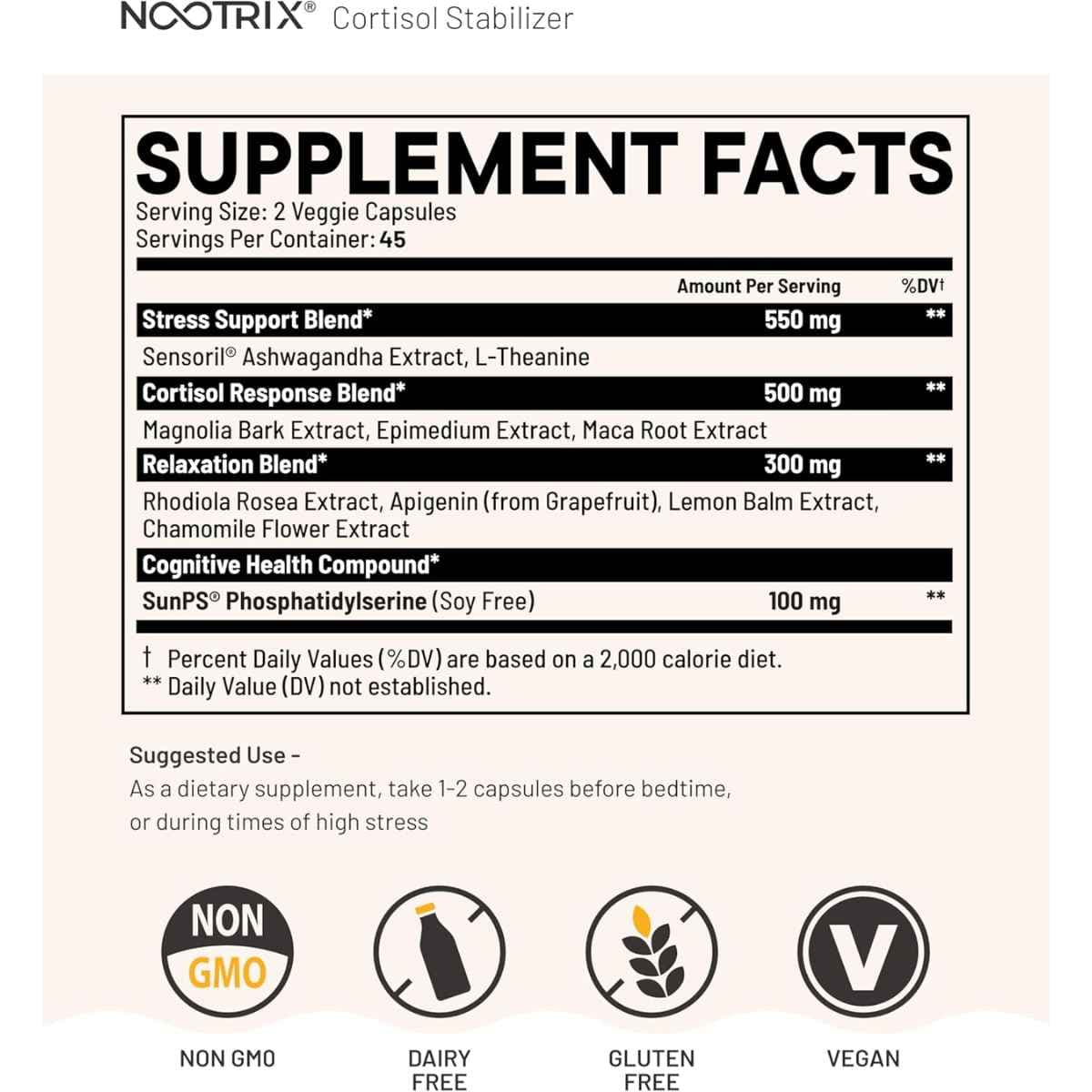 Tabla nutricional del suplemento Nootrix Estabilizador de Cortisol 90 cápsulas vegetales